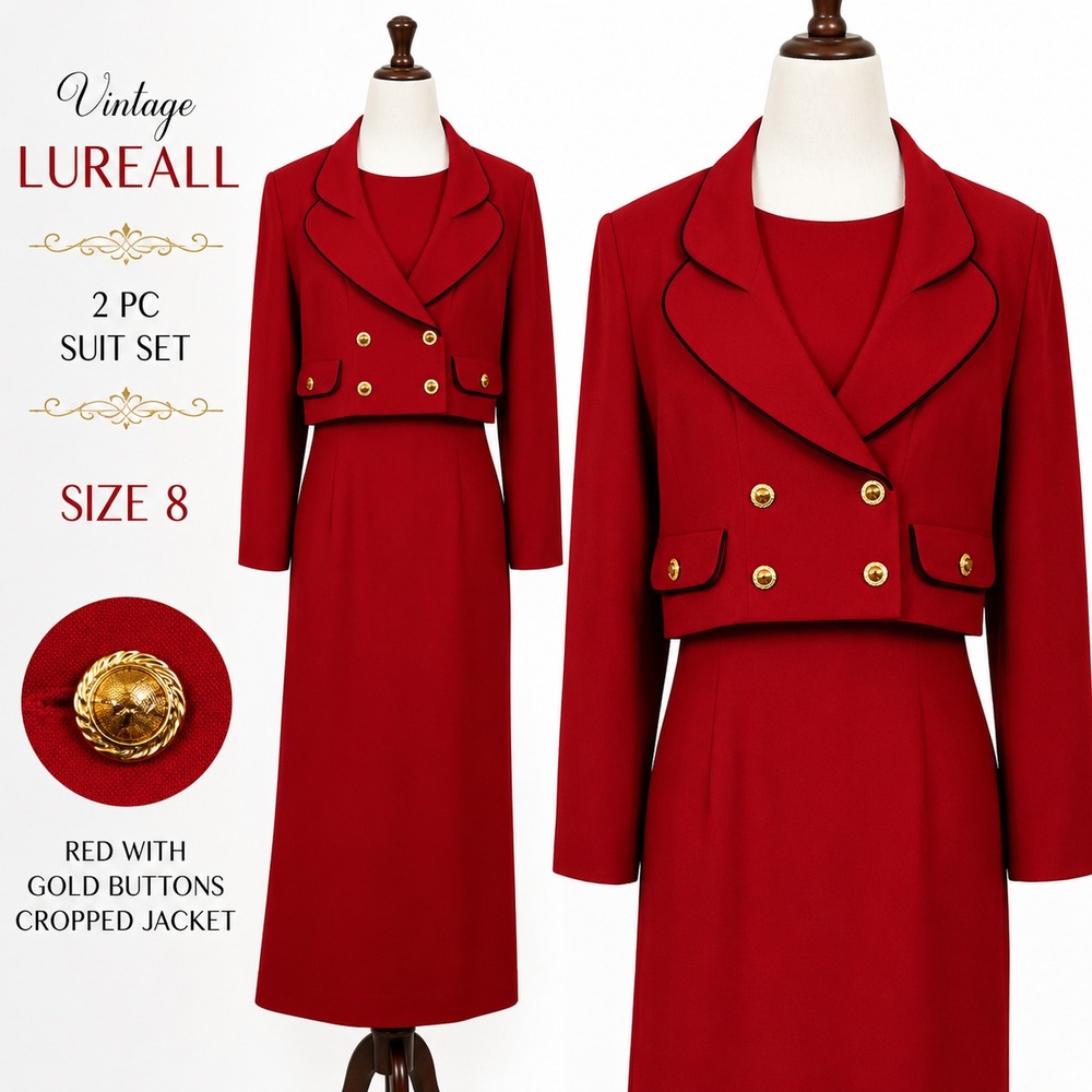 Vintage Lureall Red 2 Piece Dress Suit Size 8 Gold Button Cropped Jacket Retro
